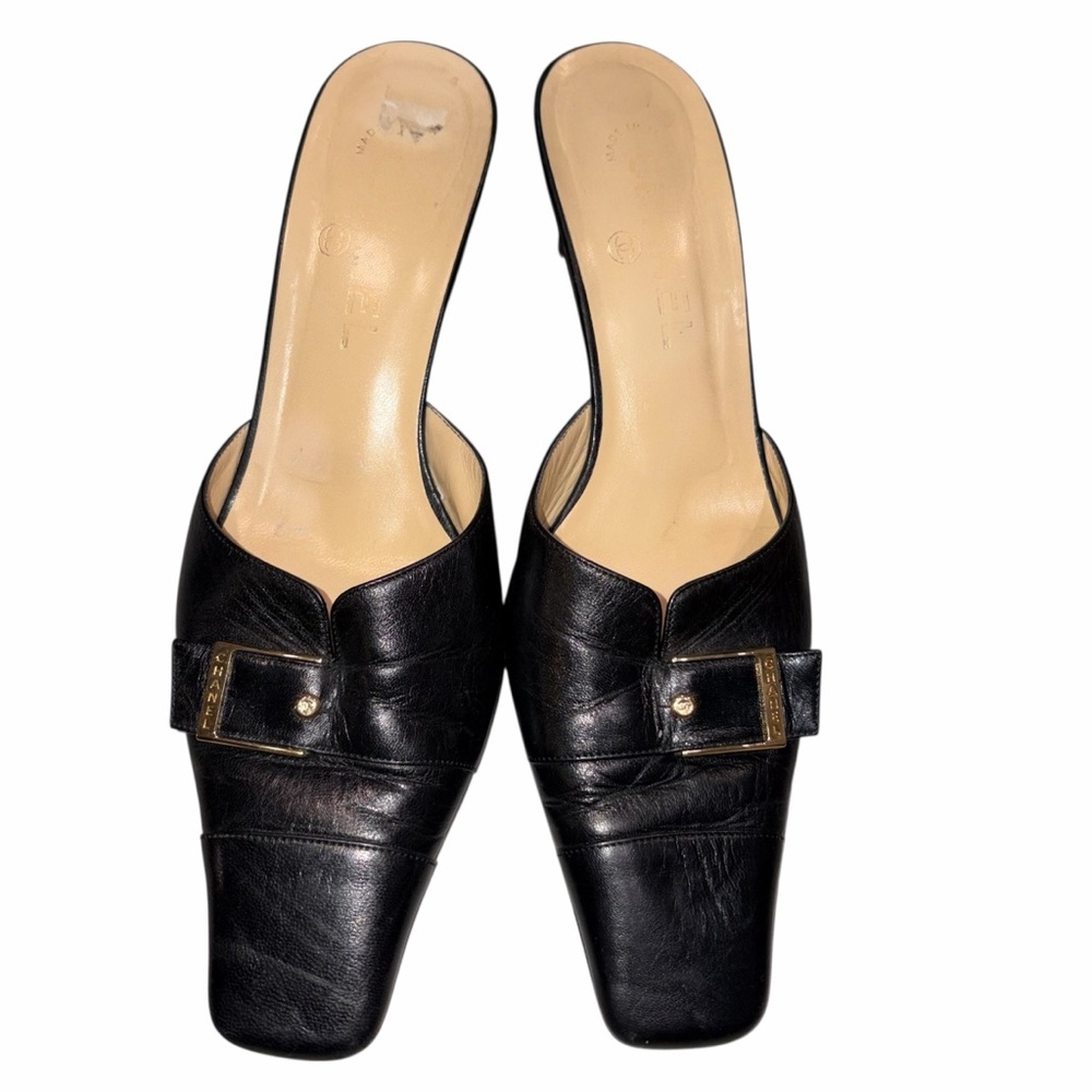 Vintage Chanel Black Leather Mules Pumps Heels Shoes size 37.5